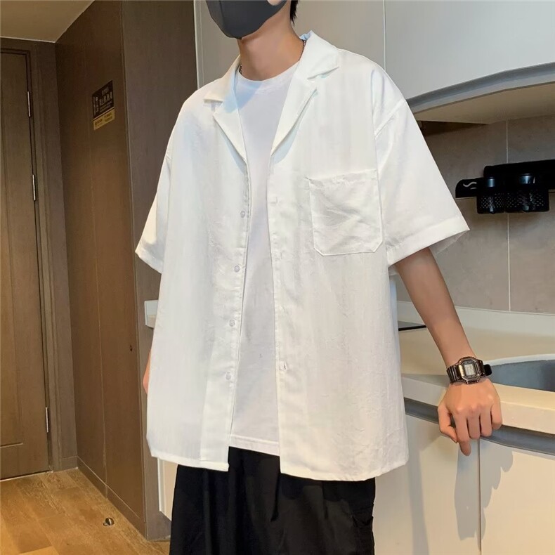 潮衬衫夏季方领新款青春流行简约纯色原宿日系潮流宽松型C310P34图片