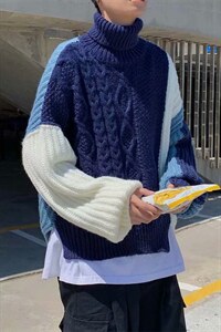秋季日系潮牌高领针织衫毛衣男宽松撞色设计感休闲上衣  M166-P48图片