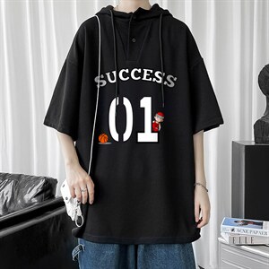 LD54205-P45 连帽短袖t恤男大码胖子带帽五分袖中袖图片