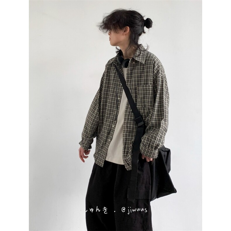 格子宽松长袖衬衫男女复古宽松bf风情侣休闲外套潮牌CY1103-P35,男装衬衫,星座412-1