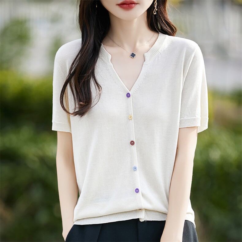 夏季新款彩扣冰丝短袖开衫女纯色宽松薄款t恤衫气质V领半袖上衣女，女装针织衫/毛衣，斯美雅电商供货