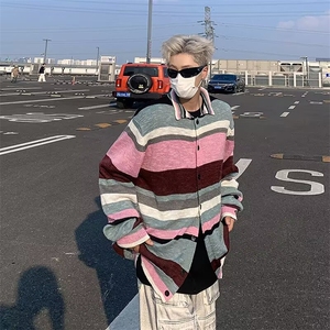 秋冬男士文艺复古宽松休闲条纹毛衣外套上衣针织开衫  M5685图片