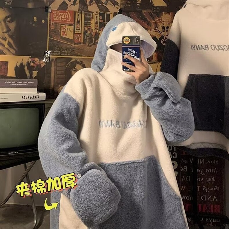 羊羔毛鲨鱼卫衣男宽松百搭连帽秋冬季外套情侣装218-8WY8815P53,女装短外套,星座218-8