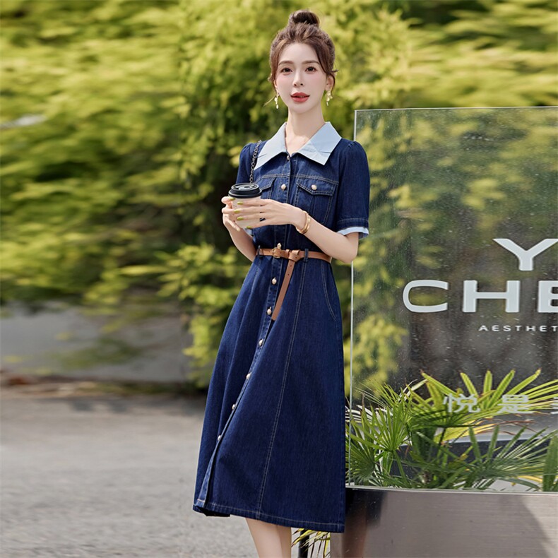 夏季短袖牛仔连衣裙女2025新款时尚洋气休闲超好看撞色拼接衬衫裙,女装连衣裙,靓星雨