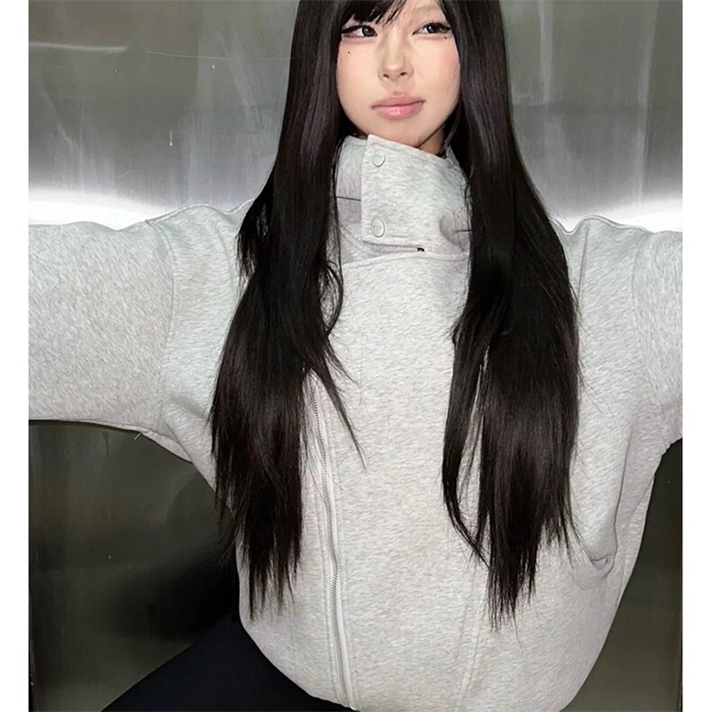 抖音得物品质26春装美式重磅结构斜拉链高领连帽卫衣开衫外套W61,女装短外套,电商A486-1