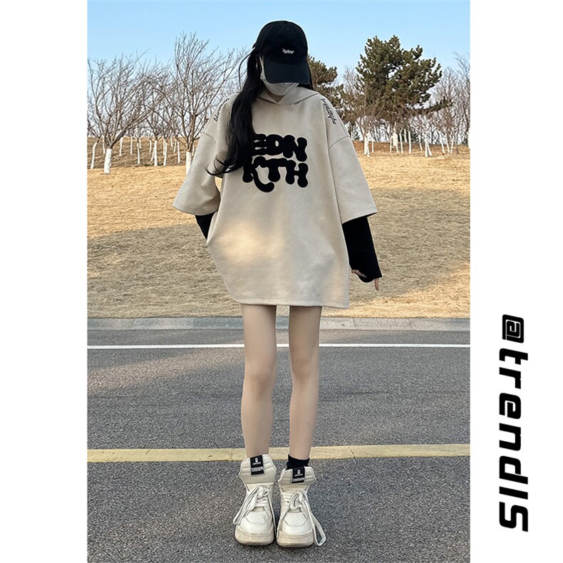 2023夏季新款港风女模大码麂皮绒连帽短袖T恤M-5XHT23153-P50,男装T恤,电商A022
