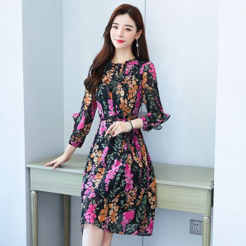 空花雪纺连衣裙女2021新款春秋高端紫色碎花品牌适合胖人裙子,女装连衣裙,潮品会