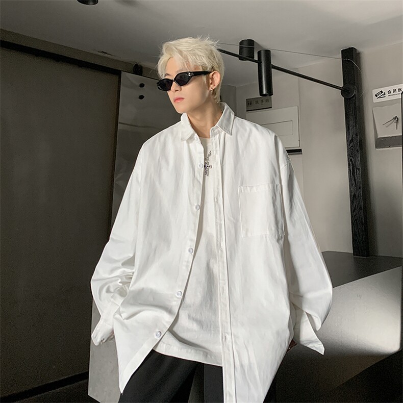 港风美式日系复古vibe纯色翻领工装衬衫潮XZ213-CS8801-P55控68,男装衬衫,星座213