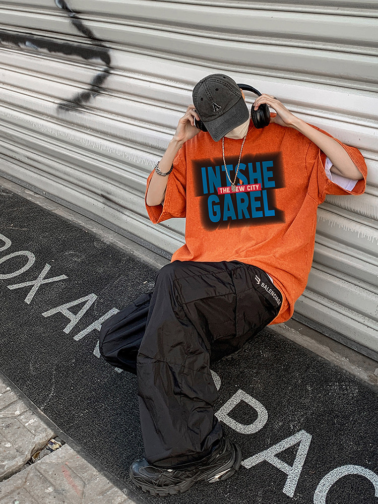 23夏季高街复古洗水印花宽松半袖T恤A90-P38橘红270克P45，男装T恤，星座805 (原301D-3)