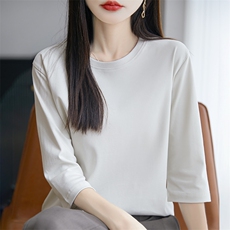 夏季新款七分袖女圆领纯棉t恤宽松百搭薄款内搭半袖打底衫上衣，女装T恤，羊秋羊绒