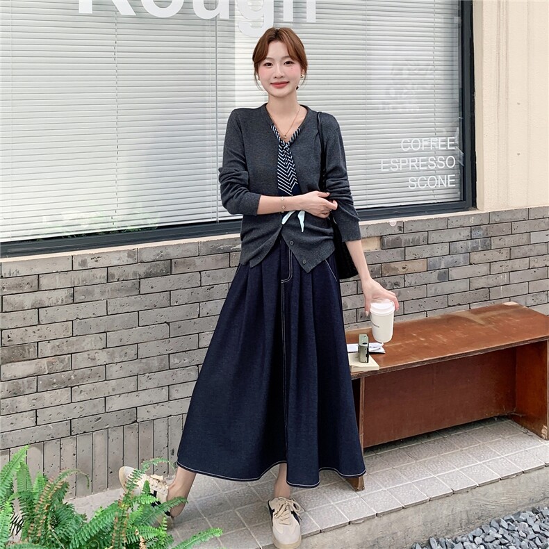 韩系轻熟风套装女2025秋季新款气质慵懒针织开衫高腰半身裙两件套,女装套装/套裙,2D145