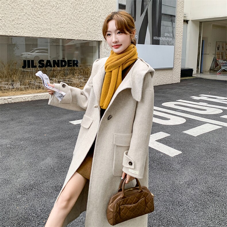 新款燕麦色连帽大衣【现货】2C110-H7753-P285-K398,女装毛呢外套,2C110