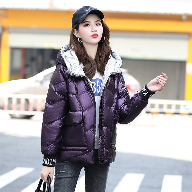 时尚亮面连帽短款羽绒服女士冬季保暖显瘦外套高端品质轻薄舒适,女装羽绒服,阿舍尔精品