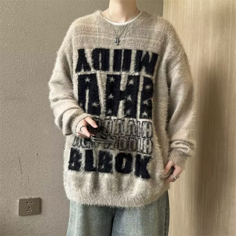 美式复古字母仿貂毛慵懒毛衣男女同款休闲宽松情侣针织衫 M6526图片
