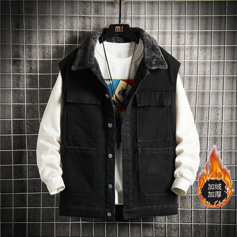 MJ214J-65-控98 M-5XL 牛仔马甲大码加绒羊羔绒网格工装ins无袖图片