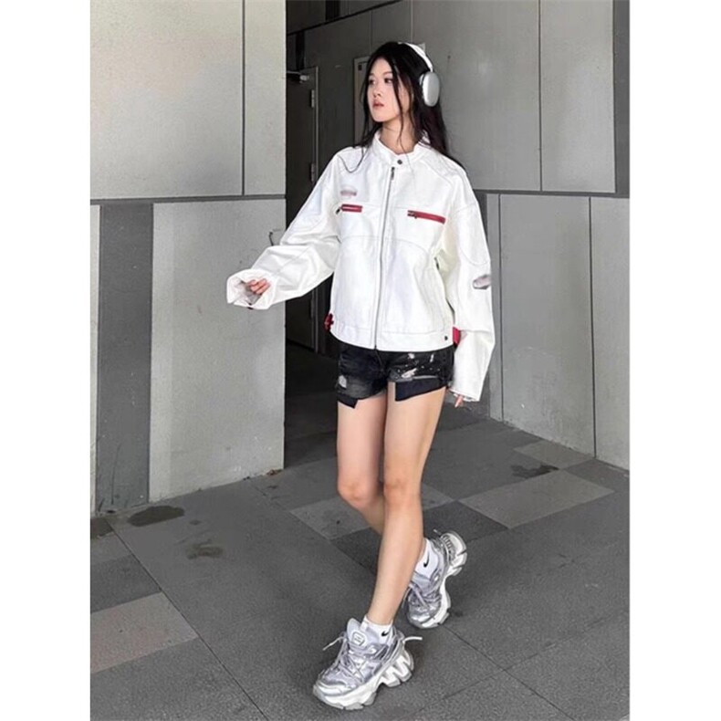 白色短款皮衣外套美式穿搭高级感机车夹克棒球服JK158特P67,男装夹克,星座908-1