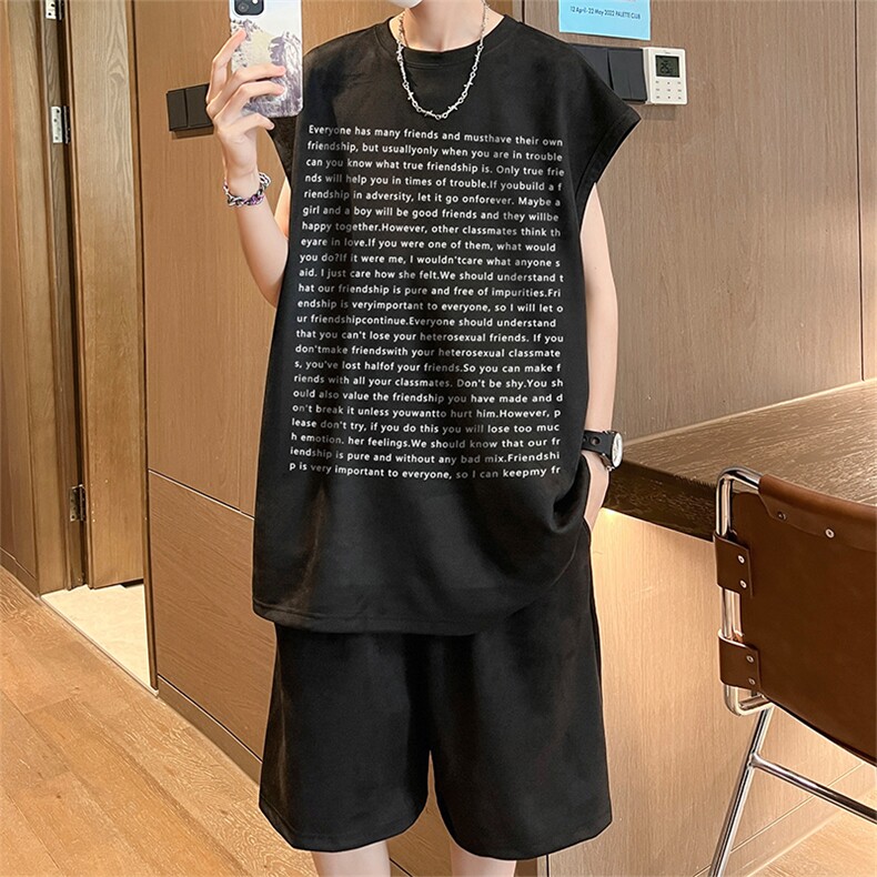直播美式麂皮绒宽松背心无袖t恤短裤大码两件套套装TZ26-P58,男装T恤,电商A486