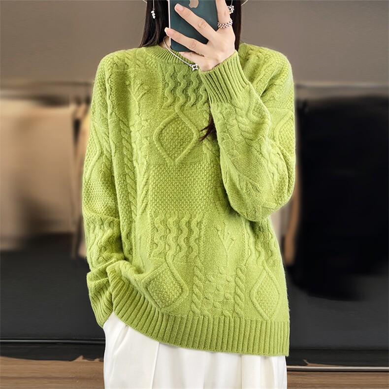 澳毛重磅绞花女士羊毛衫圆领纯色时尚，女装羊毛衫，莺澜羊绒