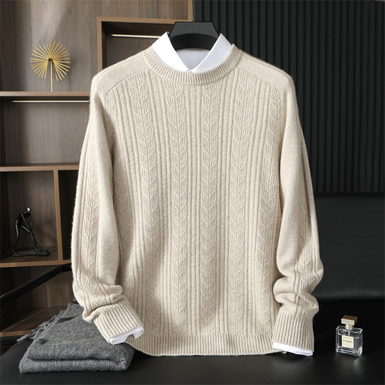 男士秋冬季新款舒适时尚休闲圆领套头羊绒衫，男装羊绒套衫，台绒羊绒