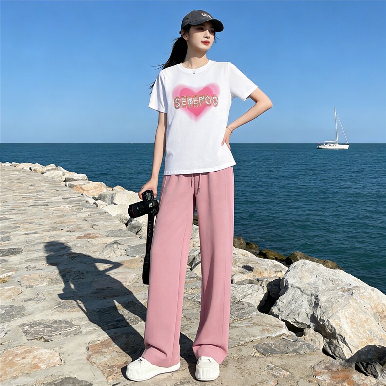 女夏新款韩版运动休闲套装圆领爱心印花镶钻T恤粉色阔腿裤两件套,女装套装/套裙,江南