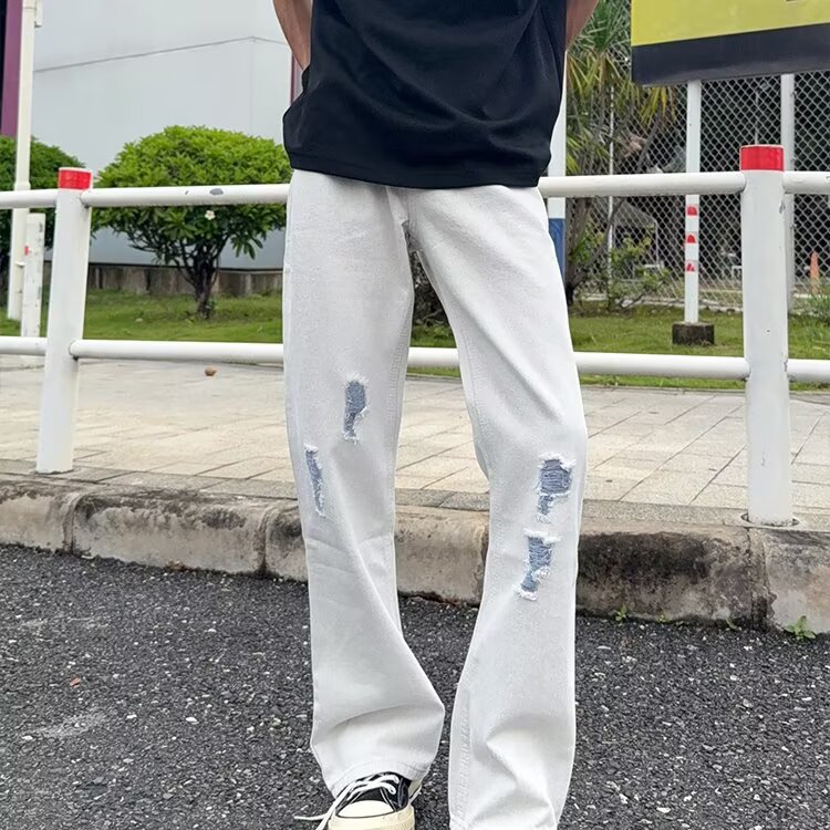 K7116-P50 白色牛仔裤男新款美式高街cleanfit裤子破洞直筒图片