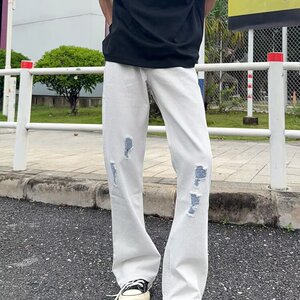 K7116-P50 白色牛仔裤男新款美式高街cleanfit裤子破洞直筒图片