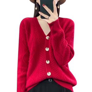 秋冬V领100%羊毛衫长袖提花开衫女复古宽松慵懒羊绒针织外套上衣图片