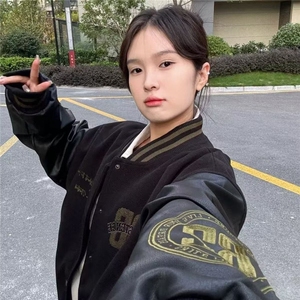 拼皮外套女秋冬2025新款初中学生棒球服韩版宽松短款夹克上衣潮图片