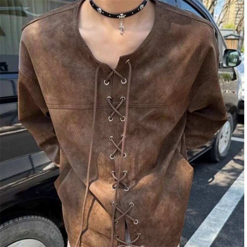 美式复古棕色抽绳对襟皮衣外套男春秋季夹克小众痞帅上衣服,男装夹克,星座506A
