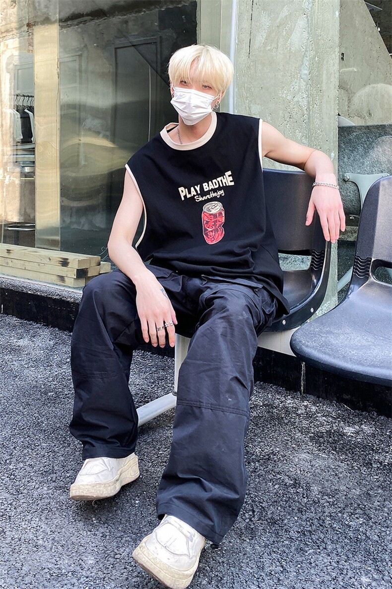 日系运动款休闲潮流背心无袖坎肩百搭潮流纯棉上衣HY324P35控48,男装T恤,电商A102B