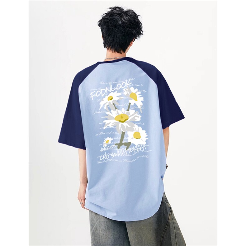 抖音得物供货240克宽松纯棉美式潮牌印花插肩袖拼接短袖T恤AT1512,男装T恤,电商A443