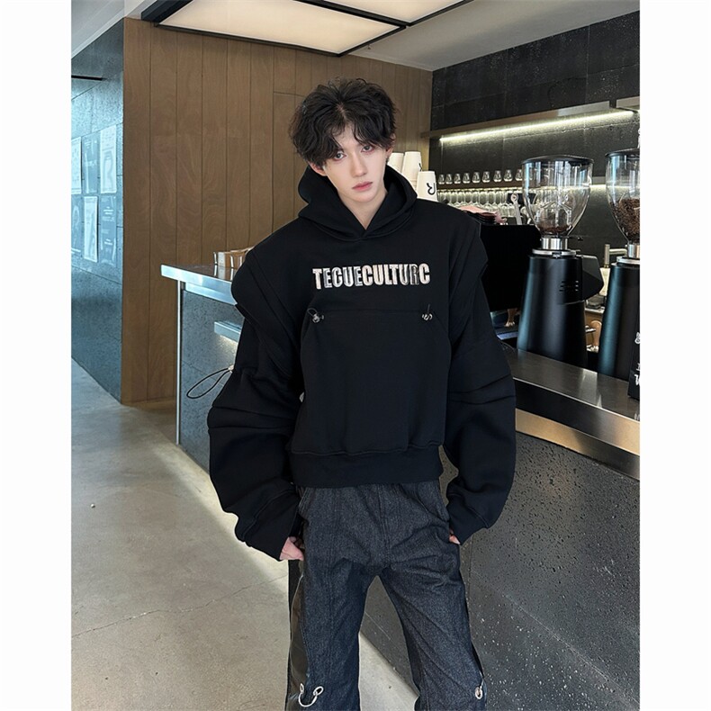24秋冬超短款设计感肌肉肩异形肩金属印花连帽卫衣WY30-P98,男装卫衣,电商B288
