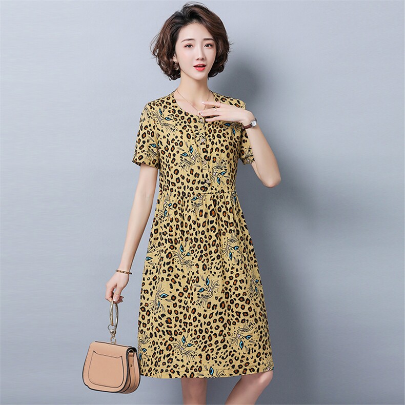 2021年夏季圆领纯色宽松腰时尚印花短袖简约百搭淑女中长款，女装连衣裙，独衣靓