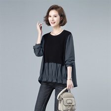 新款拼接宽松长袖T恤大码休闲打底衫，女装T恤，秋牧寒烟