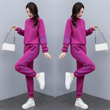 加绒加厚休闲服套装女春秋新款半高领卫衣减龄拼接运动显瘦两件套，女装套装/套裙，凯瑟曼