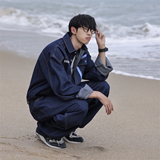 2025夏季送腰带水洗牛仔套装班服团服集体服连体衣连体服长裤，男装休闲套装，星座112A