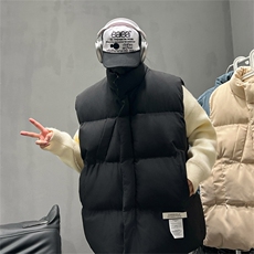 美式贴标立领棉服马甲男款冬季加厚宽松潮流休闲无袖坎肩背心外套，女装短外套，电商A028