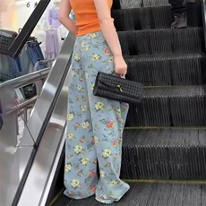 复古港风花朵印花阔腿牛仔裤女夏季新款高腰百搭碎花拖地裤长裤，男装牛仔裤，星座1210-1
