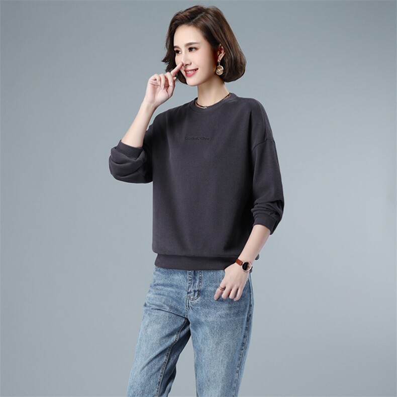 长袖卫衣女2021春秋装新款套头短款纯色40-49周岁圆领宽松单件上衣,女装卫衣/绒衫,伊满意
