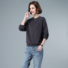 长袖卫衣女2021春秋装新款套头短款纯色40-49周岁圆领宽松单件上衣，女装卫衣/绒衫，伊满意