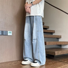 2026美式高街打褶水洗牛仔裤直筒解构弯刀阔腿裤子K71356-P48网图，男装牛仔裤，电商B245