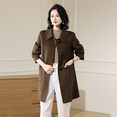 2025百搭时尚简约双扣翻领带兜大衣，女装毛呢外套，贝源羊绒