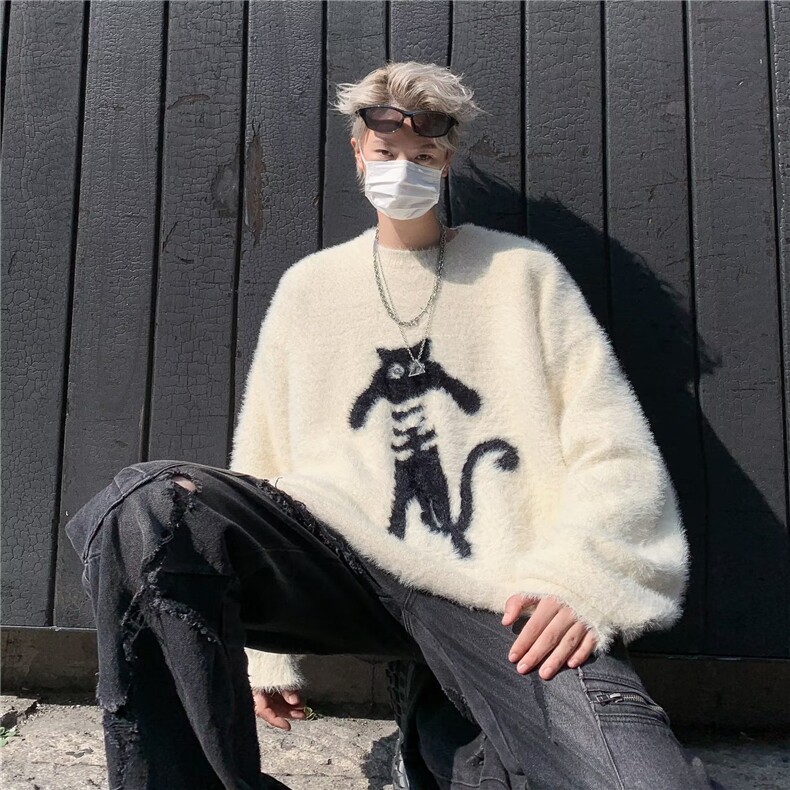 潮牌炸街猫咪提花设计感情侣毛衣男女美式复古痞帅中性针织衫宽松,男装针织衫/毛衣,星座1210-1