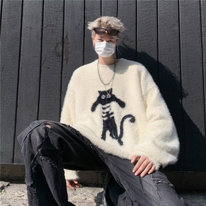 潮牌炸街猫咪提花设计感情侣毛衣男女美式复古痞帅中性针织衫宽松图片