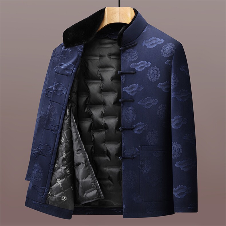 2025新款风唐装男士脱卸90白鸭绒内胆中老年冬羽绒服唐装外套，男装羽绒服，钱塘723