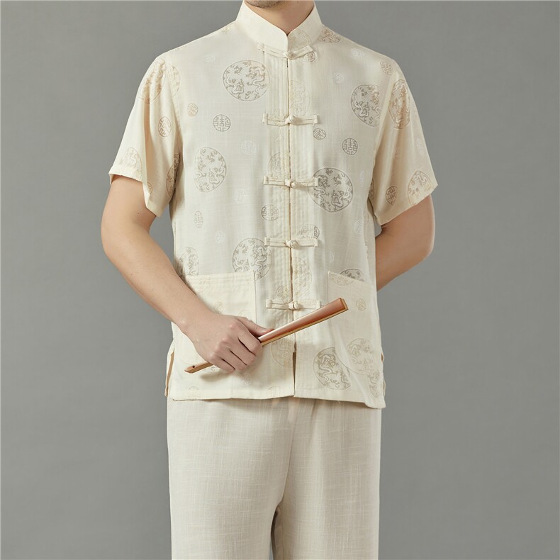 中老年风唐装夏季薄款棉麻短袖衬衫男唐装中式爷爷装短袖T恤，男装中老年男装，钱塘723
