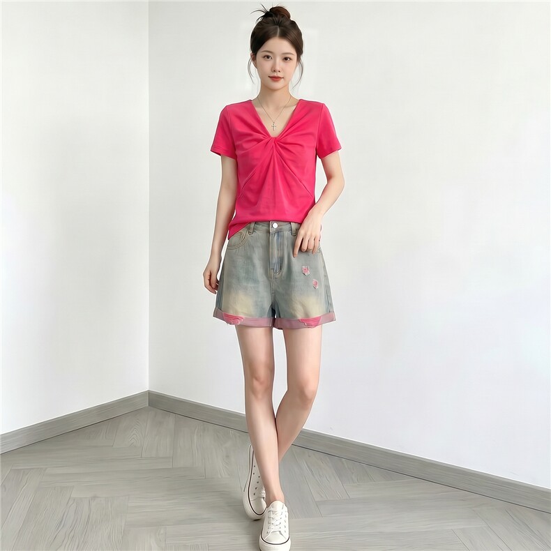 高级感时尚减龄穿搭女夏新款V领扭结设计短袖上衣牛仔短裤两件套,女装套装/套裙,江南