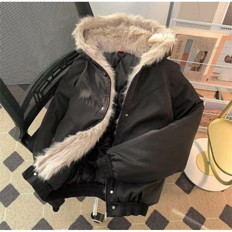 现货高品质美式高街冬季重磅硬挺短款座山雕毛领棉衣男女加厚外套图片