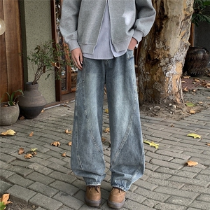 美式水洗弯刀工装牛仔裤男秋冬季潮拼接宽松阔腿裤高街直筒休闲裤图片