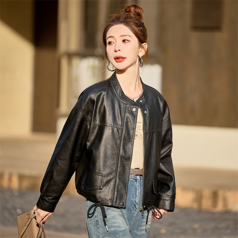 皮衣外套女秋秋2025新款小个子短款宽松时尚休闲PU皮夹克圆领上衣,女装皮衣,简古